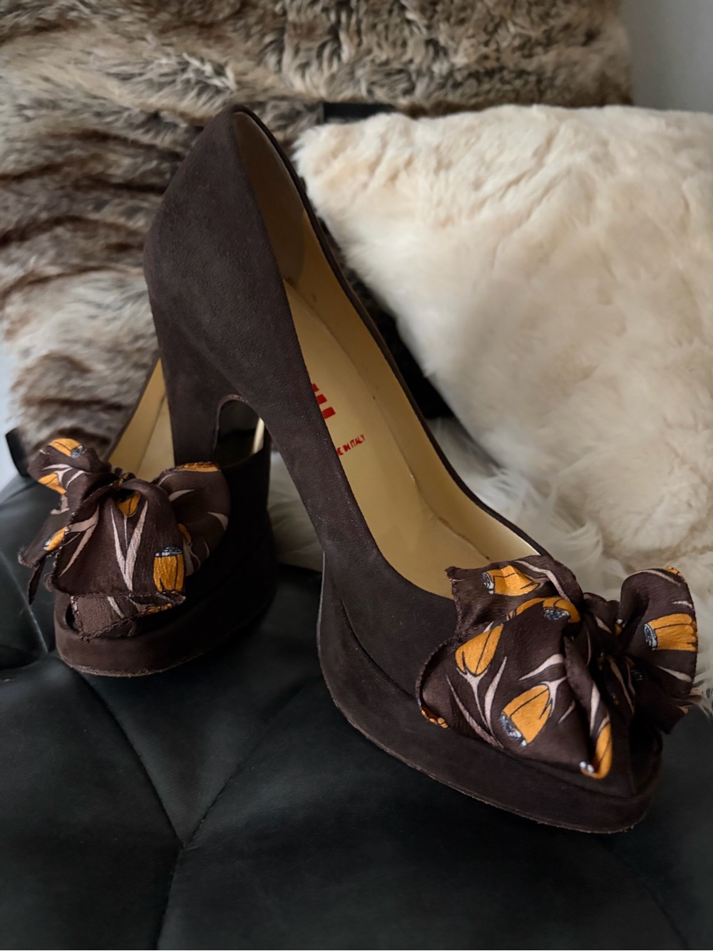 Vintage Miu Miu brown suede peep-toe platform pumps